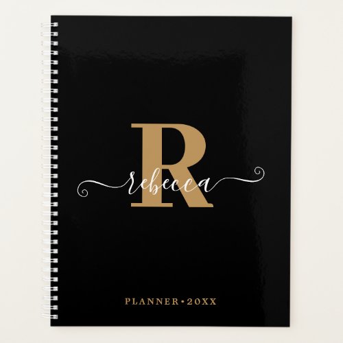 Modern Black Gold Monogram Hand Script Name Planner