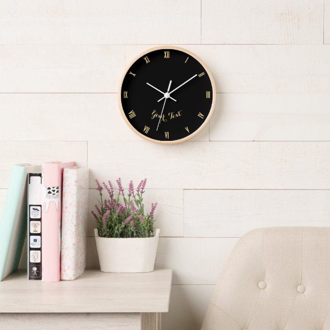 Modern Black Gold Monogram Home Office Decor Wood Clock (Reading Room)