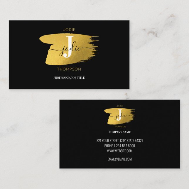 Modern Black & Gold Monogram Initial Business Card (Front/Back)