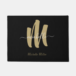 modern black gold monogram initial business name doormat