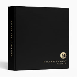 Modern Black Gold Monogram Initial Family Recipe 3 Ring Binder