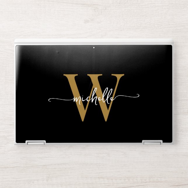 Modern Black Gold Monogram Initial Name Signature HP Laptop Skin (Front)