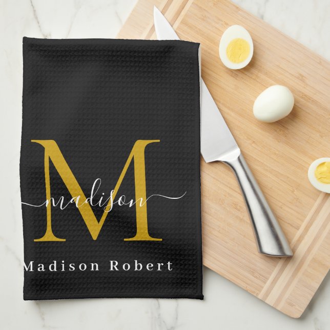 Modern Black Gold Monogram Initial Script Custom Kitchen Towel (Quarter Fold)