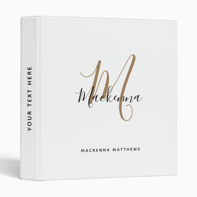 Modern Black Gold Monogram Initial Script Name 3 Ring Binder (Front/Spine)