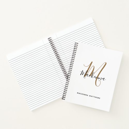 Modern Black Gold Monogram Initial Script Name Notebook