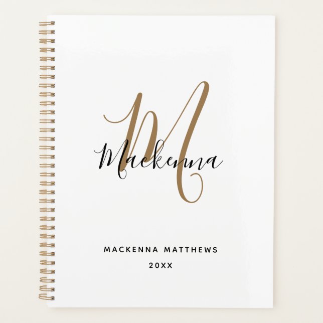 Modern Black Gold Monogram Initial Script Name Planner (Front)