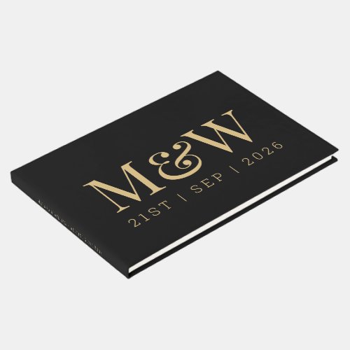 Modern Black Gold Monogram Initials Wedding Guest Book