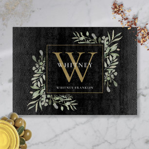 Modern Black Gold Monogram Modern Greenery Cutting Board