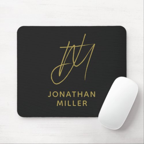 Modern Black Gold Monogram Mouse Pad