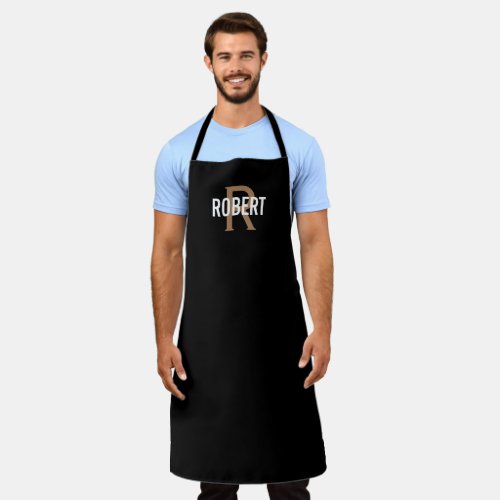 Modern black gold monogram name apron