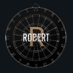 Modern black gold monogram name dart board<br><div class="desc">Modern black dart board with a white name and gold monogram. Personalize with name and initial.</div>