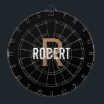Modern black gold monogram name dart board<br><div class="desc">Modern black dart board with a white name and gold monogram. Personalize with name and initial.</div>