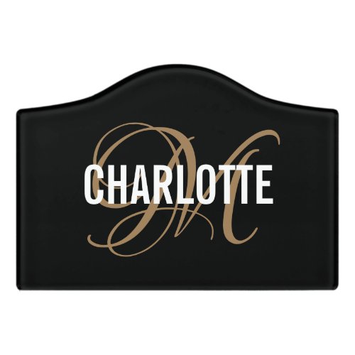 Modern black gold monogram name door sign