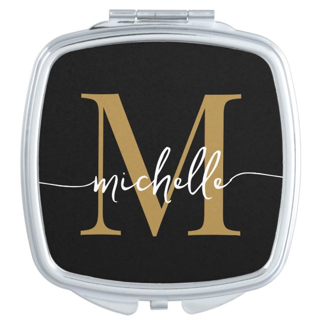 Modern Black Gold Monogram Name Elegant Script Compact Mirror (Front)