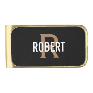 Modern black gold monogram name  finish money clip