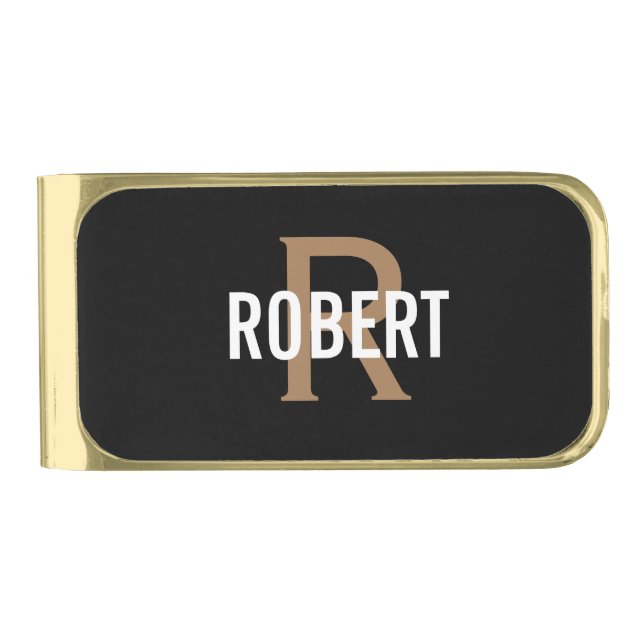 Modern black gold monogram name  gold finish money clip (Front)
