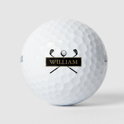 Modern Black Gold Monogram Name Golf Balls