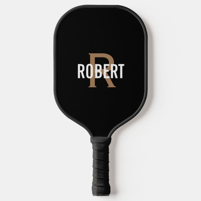 Modern black gold monogram name mens pickleball pa pickleball paddle (Front)