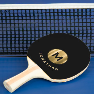 Modern Black Gold Monogram Name Ping Pong Paddle
