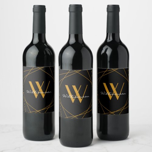 Modern Black Gold Monogram Name Script Geometric Wine Label