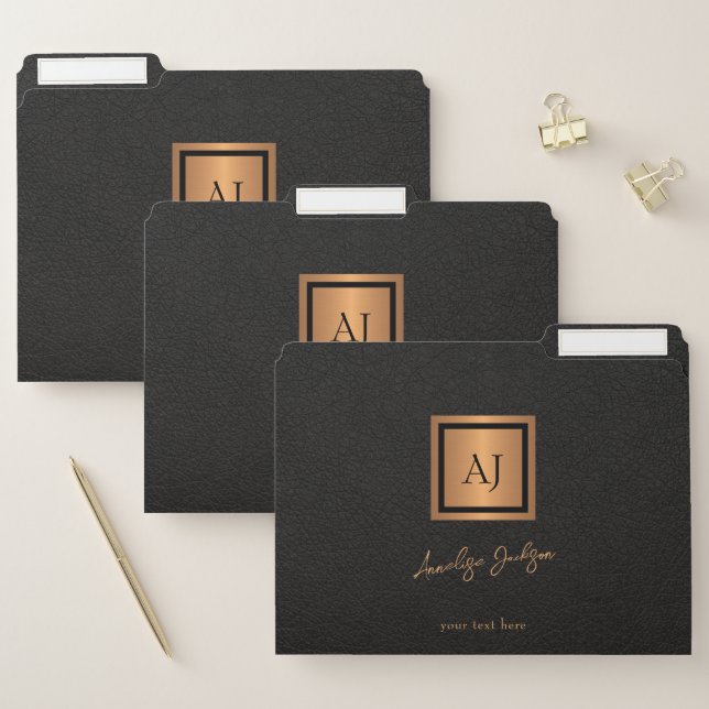 Modern black gold monogram name script luxury file folder (Set)