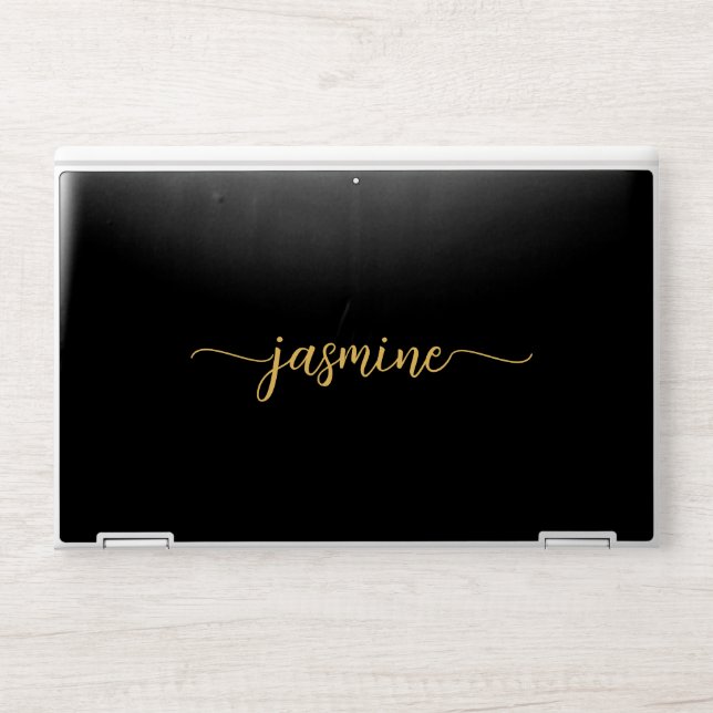 Modern Black Gold Monogram Name Signature HP Laptop Skin (Front)