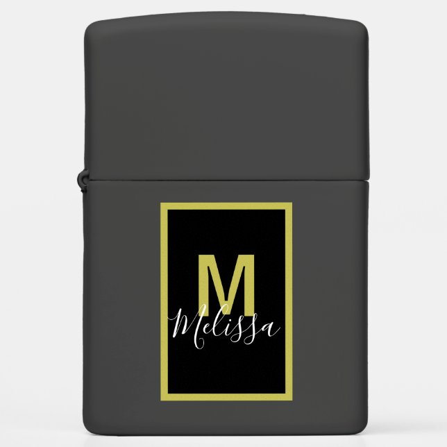 Modern Black Gold Monogram Name Zippo Lighter (Front)