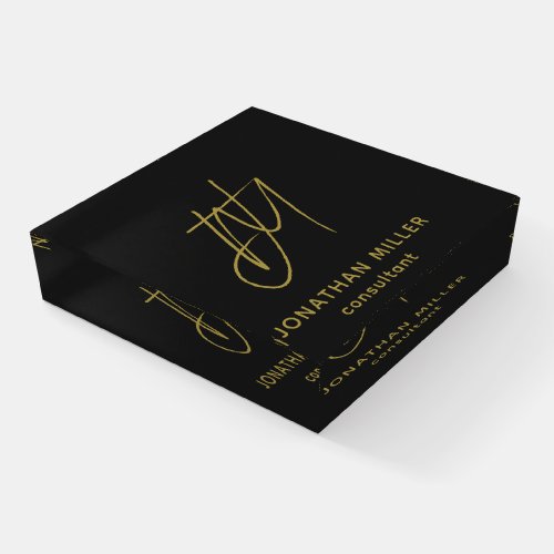 Modern Black Gold Monogram Paperweight