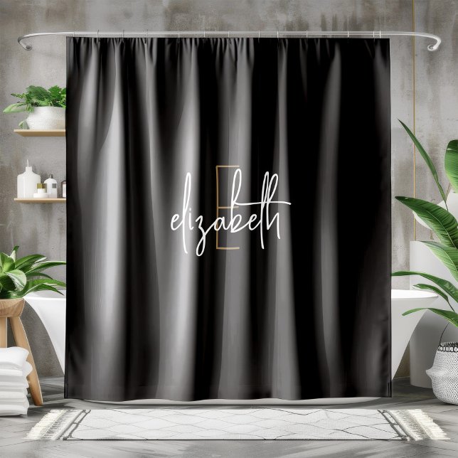 Modern Black Gold Monogram Personalized Shower Curtain (Creator Uploaded)