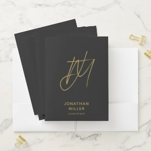 Modern Black Gold Monogram Pocket Folder