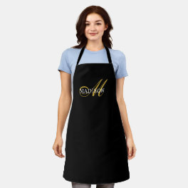 Modern Black Gold Monogram Script Apron