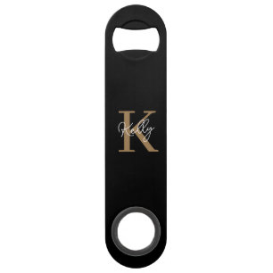 Modern Black Gold Monogram Script Bar Key
