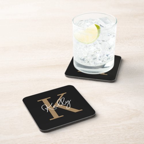 Modern Black Gold Monogram Script Beverage Coaster