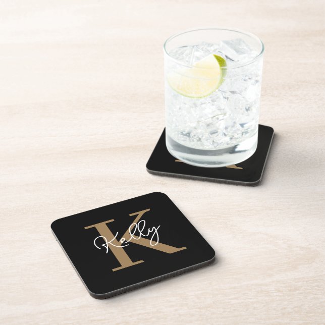 Modern Black Gold Monogram Script Beverage Coaster (Right Side)