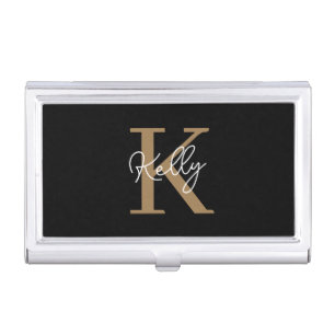 Modern Black Gold Monogram Script Business Card Case
