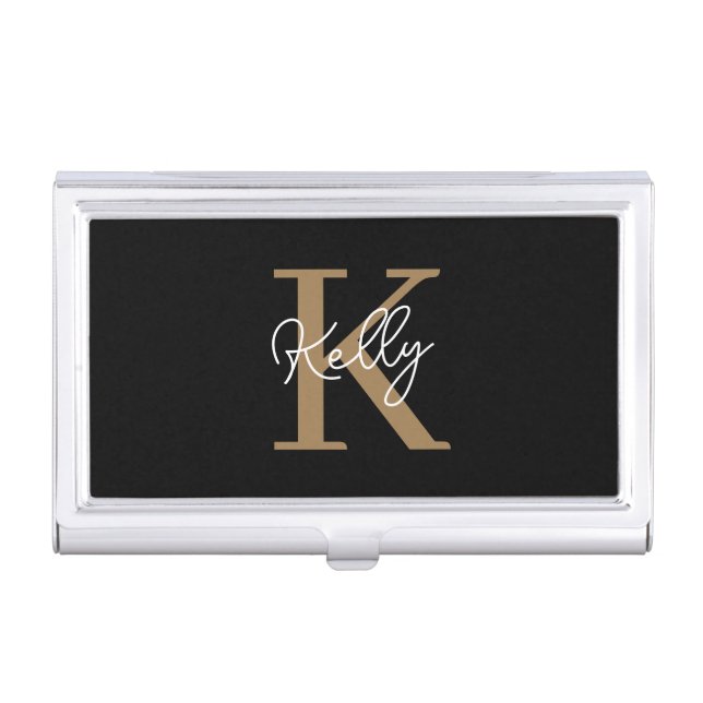 Modern Black Gold Monogram Script Business Card Case (Front)