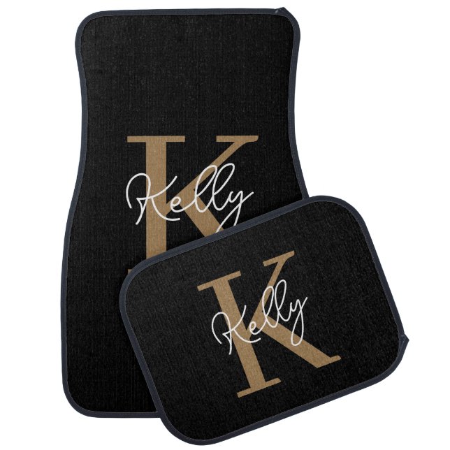 Modern Black Gold Monogram Script Car Floor Mat (Set)