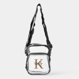 Modern Black Gold Monogram Script Clear Crossbody Bag