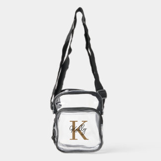 Modern Black Gold Monogram Script Clear Crossbody Bag