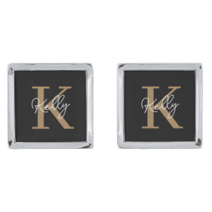 Modern Black Gold Monogram Script Cufflinks