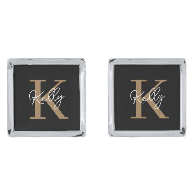 Modern Black Gold Monogram Script Cufflinks (Front)