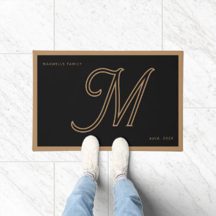 Modern Black Gold Monogram Script Family Name Doormat