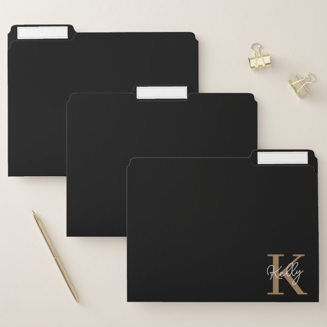 Modern Black Gold Monogram Script File Folder (Set)