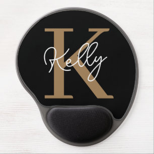 Modern Black Gold Monogram Script Gel Mouse Pad