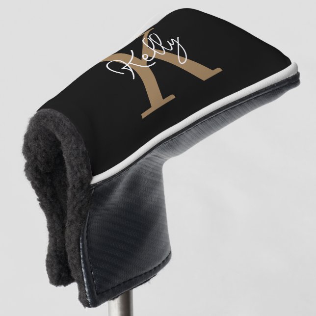 Modern Black Gold Monogram Script Golf Head Cover (3/4 Front)
