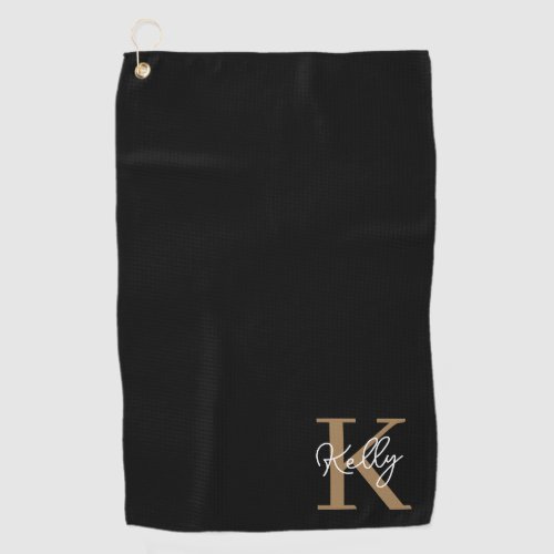 Modern Black Gold Monogram Script Golf Towel