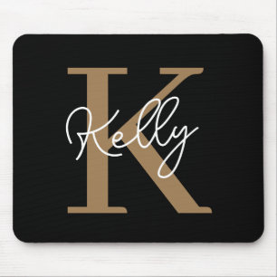 Modern Black Gold Monogram Script Mouse Pad