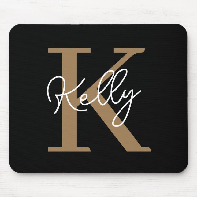 Modern Black Gold Monogram Script Mouse Pad (Front)