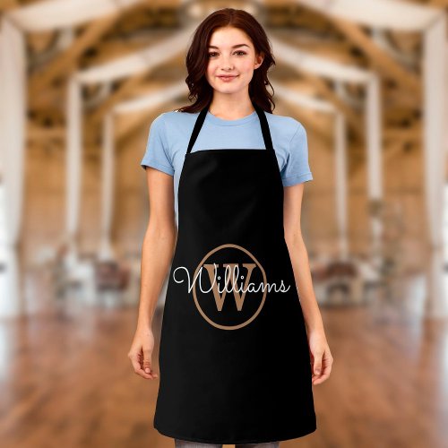 Modern Black Gold Monogram Script Name Apron