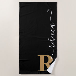 Modern Black Gold Monogram Script Name Beach Towel